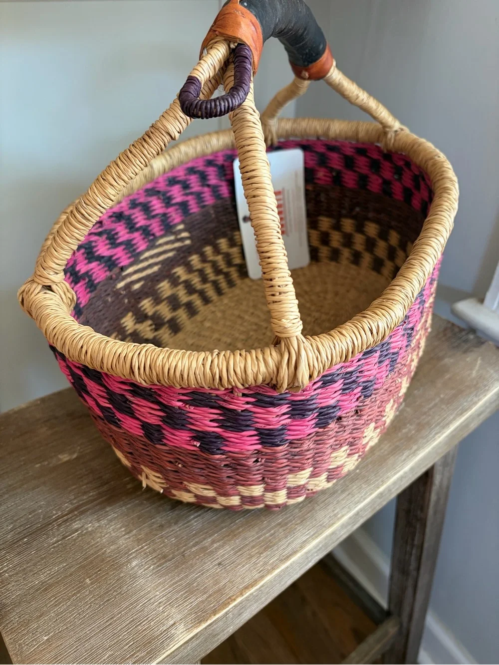 African Handwoven Ghanaian Straw Basket with Leather Handle pink red beige
